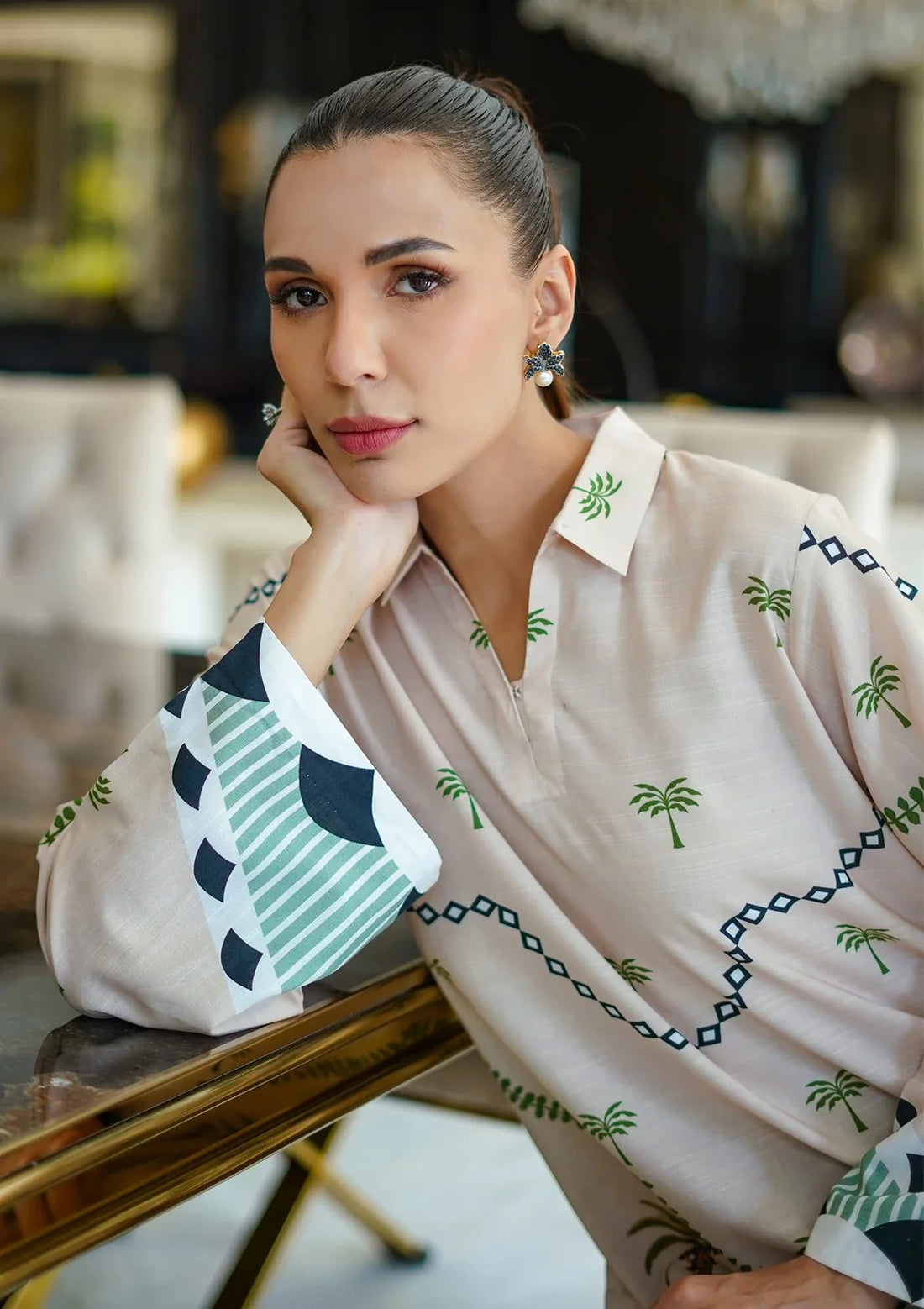 Contemporary Beige Palm Moti Premium digital printed lawn 2-Piece Set