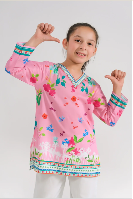 Girls Ethnic Wear – Pink Floral Kurti & White Trousers | 2-Piece Summer Kurti Set (Ages 6–14)