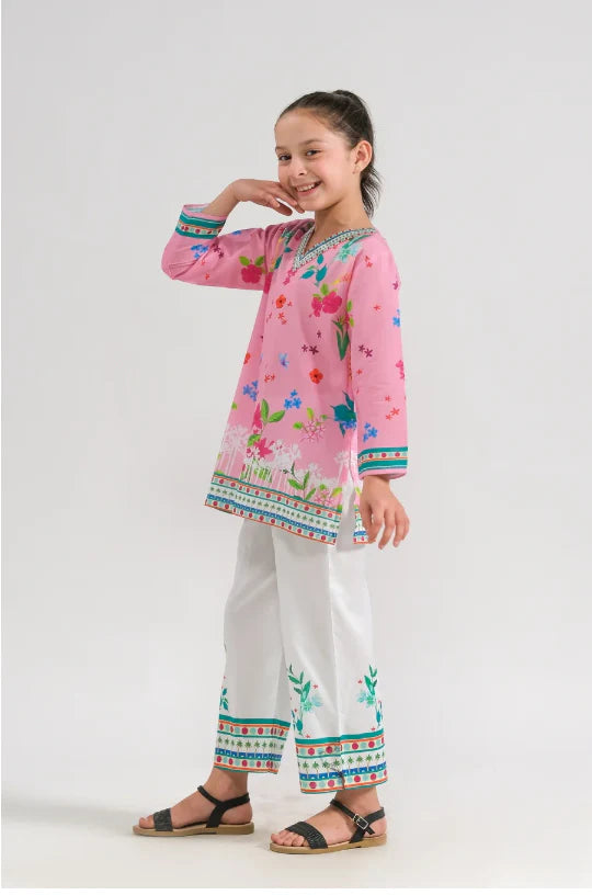 Girls Ethnic Wear – Pink Floral Kurti & White Trousers | 2-Piece Summer Kurti Set (Ages 6–14)