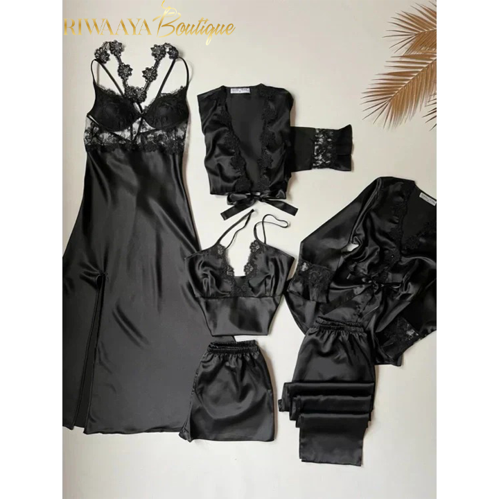 6 PCS LONG SILK NIGHTY SET FOR WOMEN