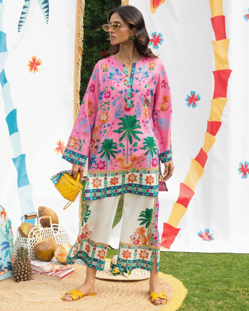 Palm Print Summer Suit with Embroidery