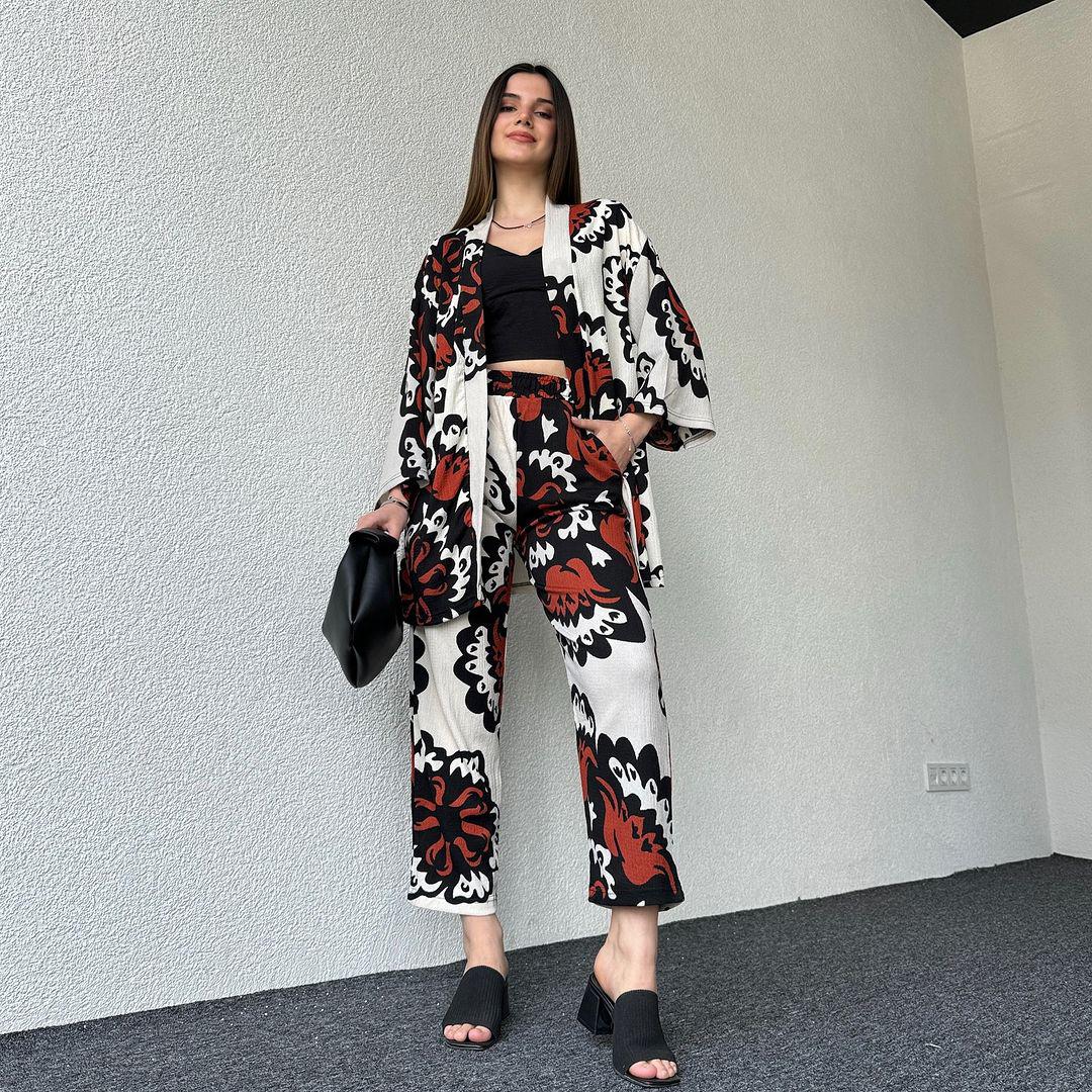 Modern Spider Fabric Kimono Lawn Suit