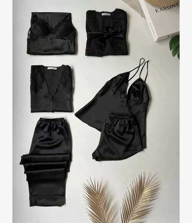 Midnight Elegance 6-Piece Luxurious Satin Nightwear Set